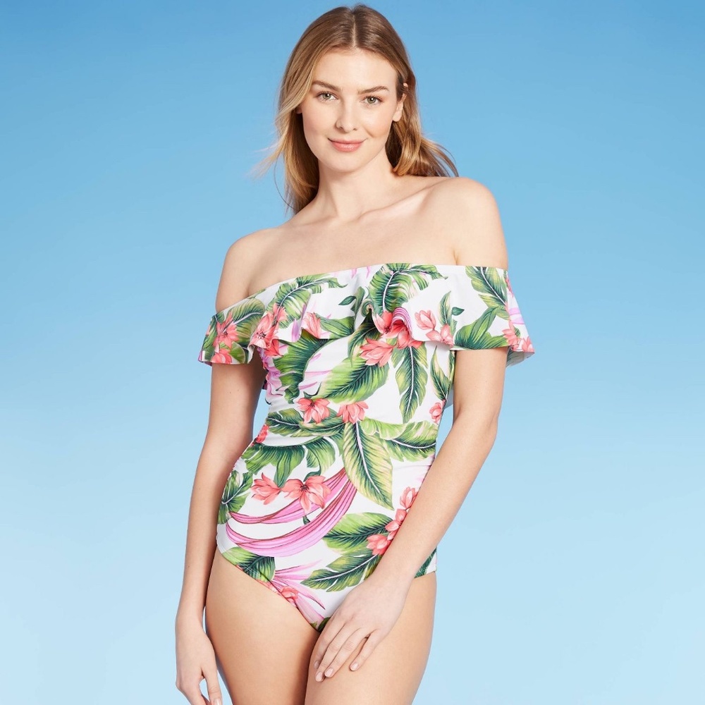 KONA SOL WOMEN'S OFF SHOULDER FLOUNCE SWIMSUIT